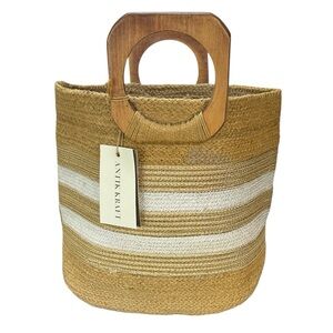 Antik Kraft Jute Blend Gold/White Stripe Pattern Tote Bag Wooden Handles Durable